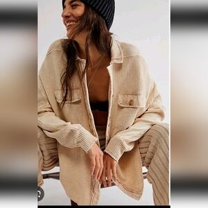 Free People One Womens Beige Scout Lightweight Oversized Waffle Knit Shacket M